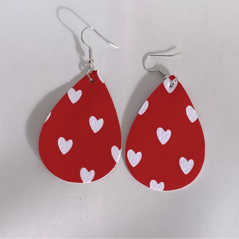 Red & White Hearts EARRINGS Faux Leather Teardrop Dangle